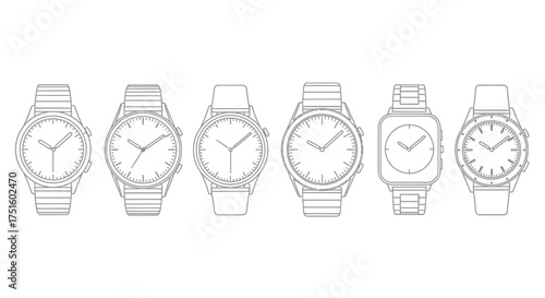 Collection of six hand drawn wristwatches in a line