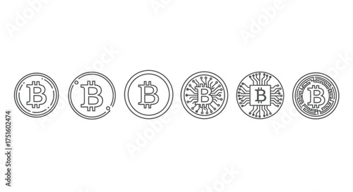 Collection of stylized bitcoin cryptocurrency symbols in a row