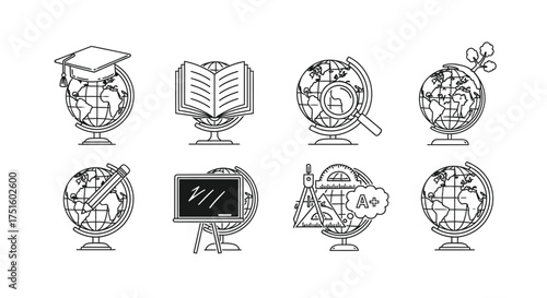 Collection of globes with educational symbols and icons