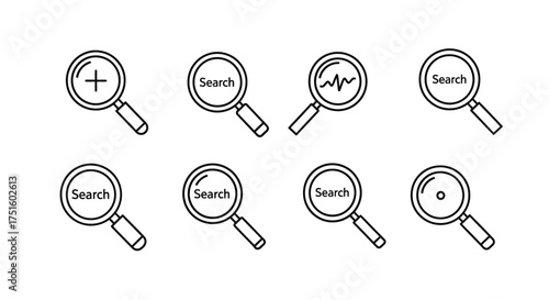 Collection of hand drawn magnifying glass icons with different symbols
