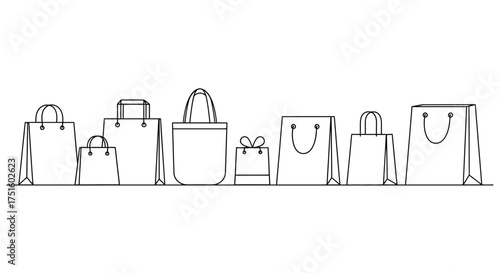 Collection of shopping bags in a continuous line drawing style
