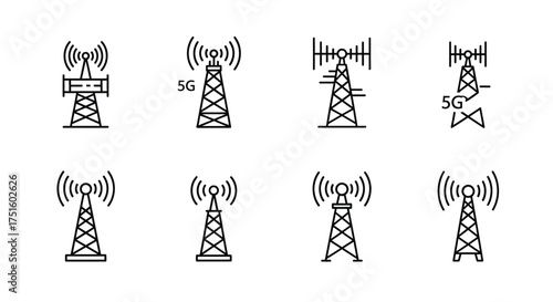 Collection of stylized communication tower icons with 5g signals