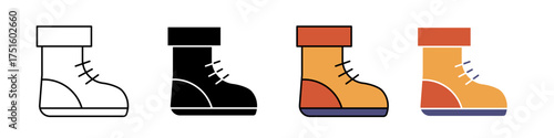 Snow boots icon displayed on a clean white background in four styles: stroke outline, solid fill, flat color, and shaded color. Perfect for winter wear, cold weather, hiking, outdoor gear, travel, 