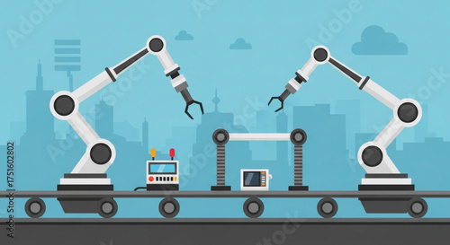 Automated factory production line with robotic arms assembling products against a blue city skyline background, showcasing industrial automation