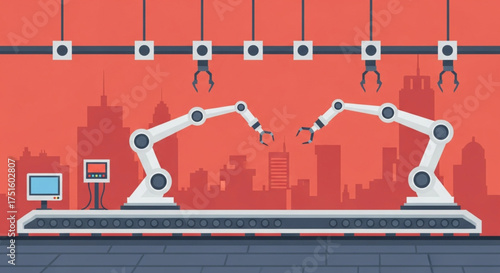 Automated factory production line with robotic arms assembling products against a red city skyline background, showcasing industrial automation