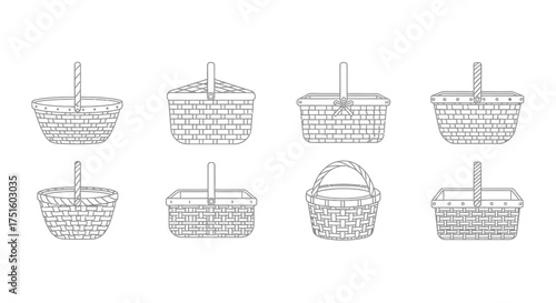 Collection of hand drawn wicker baskets in various styles
