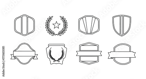 Collection of hand drawn shield and crest emblems with decorative elements