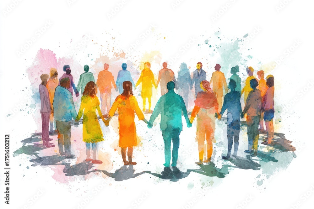 Obraz premium A circle of people holding hands, painted in watercolor