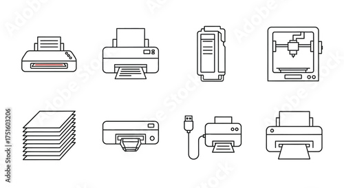 Collection of line art icons representing various printing devices and paper
