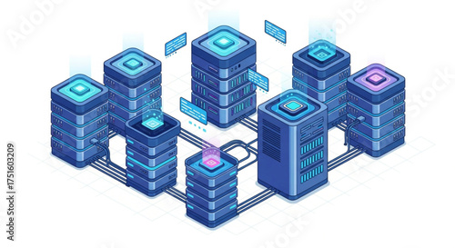 Isometric illustration of server racks with data transfer, concept of cloud computing, hosting, and data storage