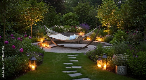 Relaxing Hammock in a Beautifully Lit Garden at Dusk