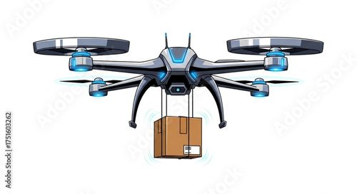 Drone delivering a package, concept of modern delivery service, fast shipping, and ecommerce with technology