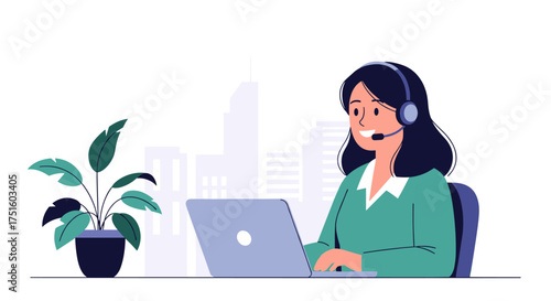 A customer service representative wearing a headset is working at her desk with a laptop and a plant.
