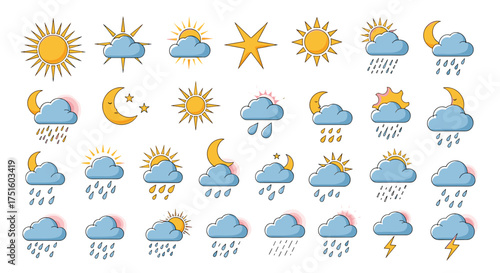 A collection of colorful weather icons representing various atmospheric conditions including sun clouds and rain.