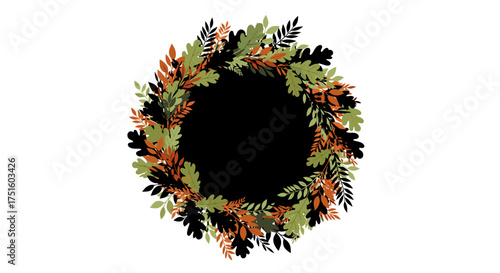 A circular arrangement of oak leaves in autumnal colors forming a decorative border around a dark empty space.