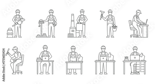Collection of line art illustrations of people working in various professions