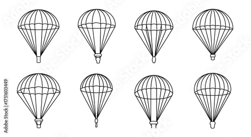 Collection of eight hand drawn parachute illustrations in black and white