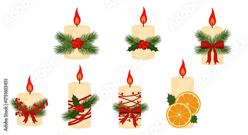 A charming collection of seven festive Christmas candles decorated with pine branches berries and bows