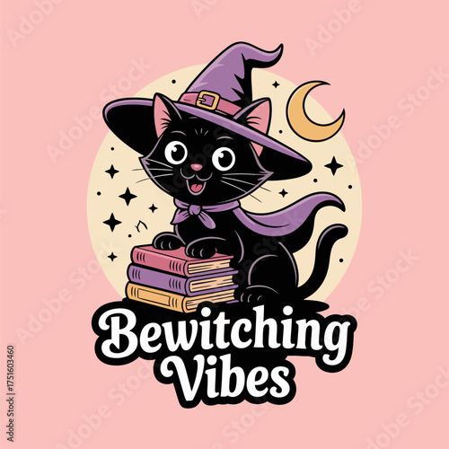 witch cat on spell books, bewitching vibes illustration, cute halloween mascot, magical hat, starry accents, vector cartoon