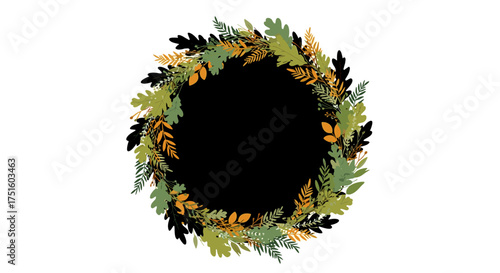 Autumn foliage wreath with organic natural elements and a central black copy space.