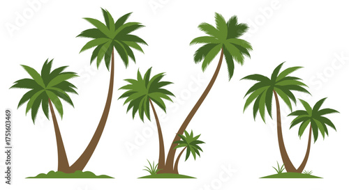 A collection of diverse palm trees with lush green fronds and textured brown trunks standing tall in various poses on grassy mounds suggesting a tropical island setting.