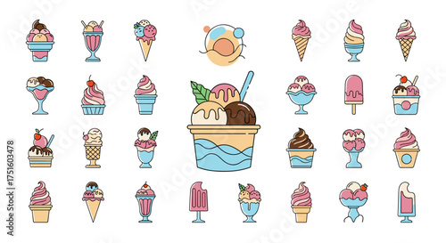 A delightful collection of assorted ice cream desserts and frozen treats in various cones and cups perfect for a summer day.