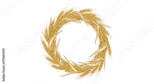 Golden wreath made from ripe wheat ears arranged in a circle on a white background.
