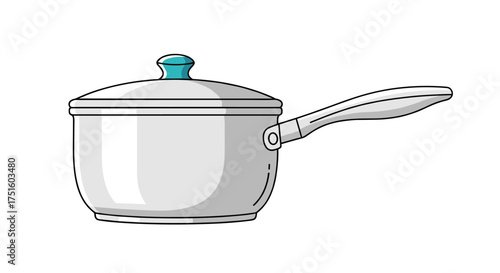 A simple white saucepan with a light blue knob on its lid and a long white handle.