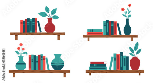 Four decorative wooden shelves displaying stacks of books and vases with plants.