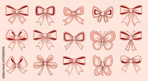 Collection of various hand-drawn decorative bows and ribbons for gift wrapping and crafting projects.
