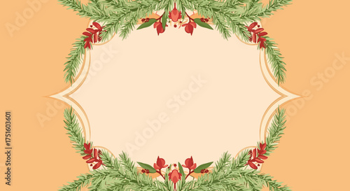 An elegant festive border with pine branches and berries framing a decorative label.