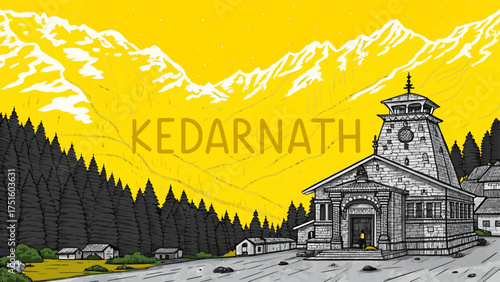 Kedarnath Temple Landscape in Uttarakhand Himalayas for Indian Tourism and Travel Posters