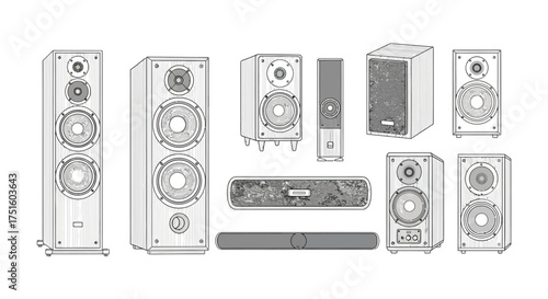 Collection of detailed line drawings of various audio speaker systems