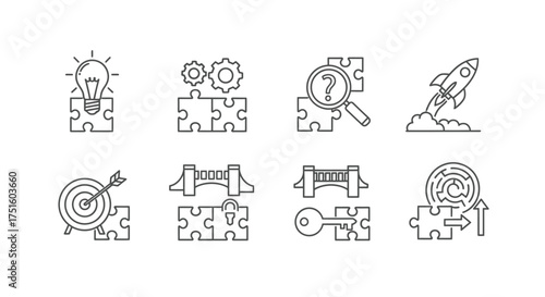 Business strategy and problem solving icons with puzzle pieces