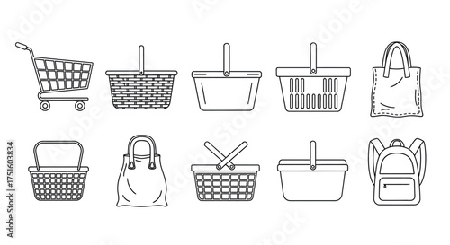 Collection of hand drawn shopping baskets and bags in black and white outline style