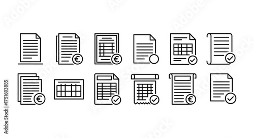 Collection of financial document icons with euro symbols and checkmarks