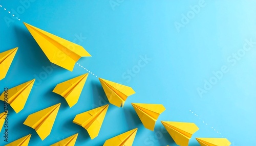 Yellow paper airplanes, some leading others on a light blue background