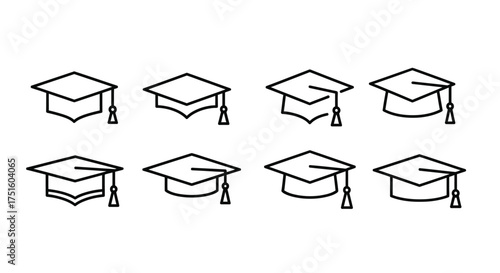 Collection of graduation caps in a simple line art style