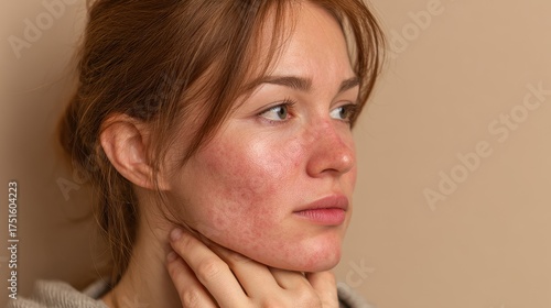 Young white woman with severe facial rosacea experiencing chronic skin issues set against a beige background