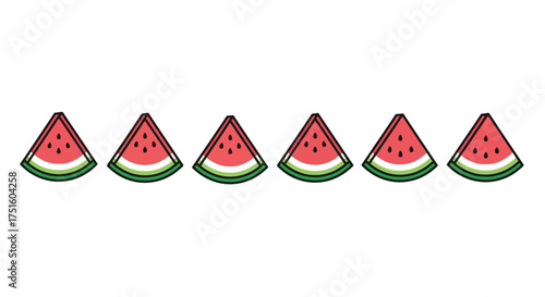 Six slices of fresh watermelon arranged in a row