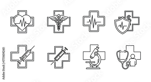 Collection of medical cross icons with health symbols