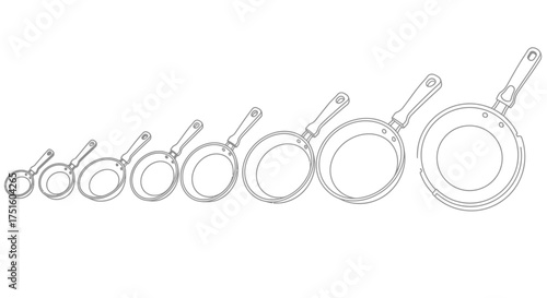 Set of various sized frying pans arranged in a row from smallest to largest