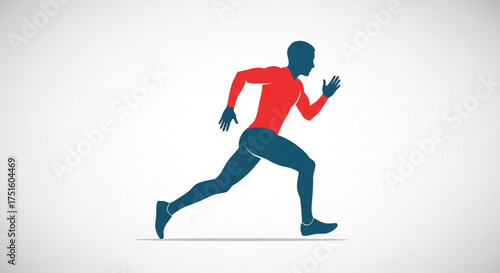 A runner in motion, depicted in a dynamic vector illustration with red and blue accents, showcasing speed and energy