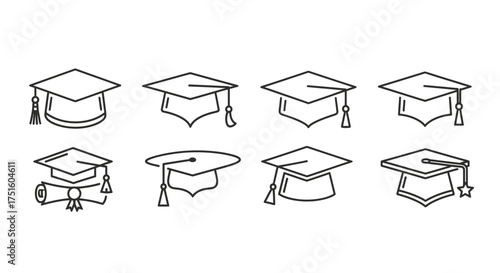 Collection of hand drawn graduation caps and diplomas