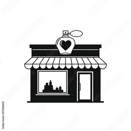 Black perfume shop building with heart shaped bottle icon