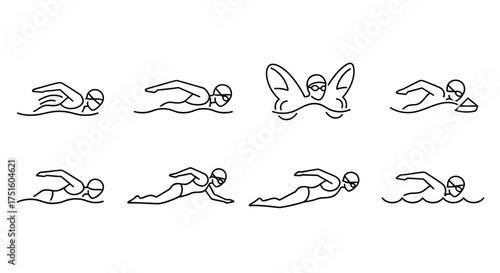 Collection of stylized line art illustrations of swimmers in various strokes