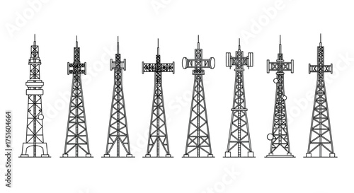 Collection of diverse telecommunication towers and cell towers