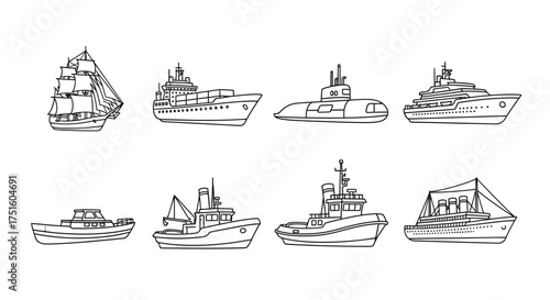 Collection of hand drawn sketches of various marine vessels