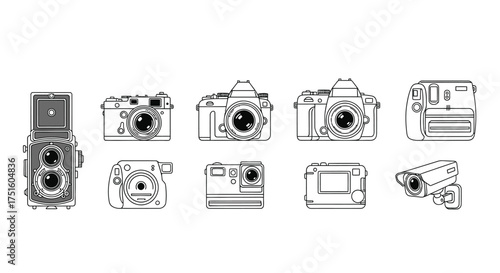Collection of hand drawn vintage and modern camera illustrations
