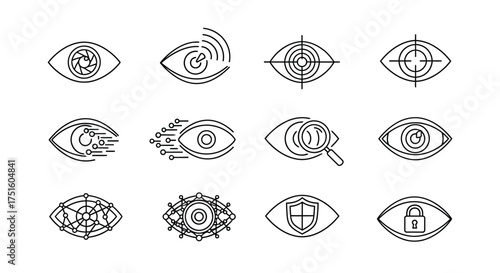 Collection of stylized eye and fingerprint icons representing security and identification